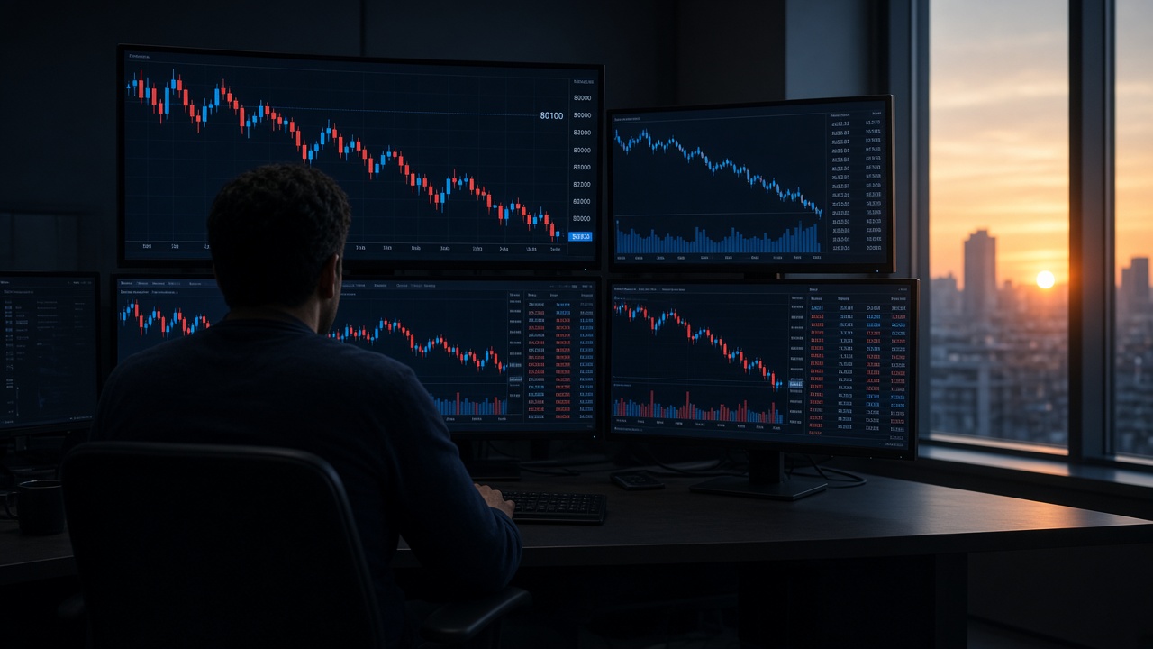 Trading screens as bitcoin trades near $80,100 on 29 October 2026 after a hawkish Federal Reserve hold