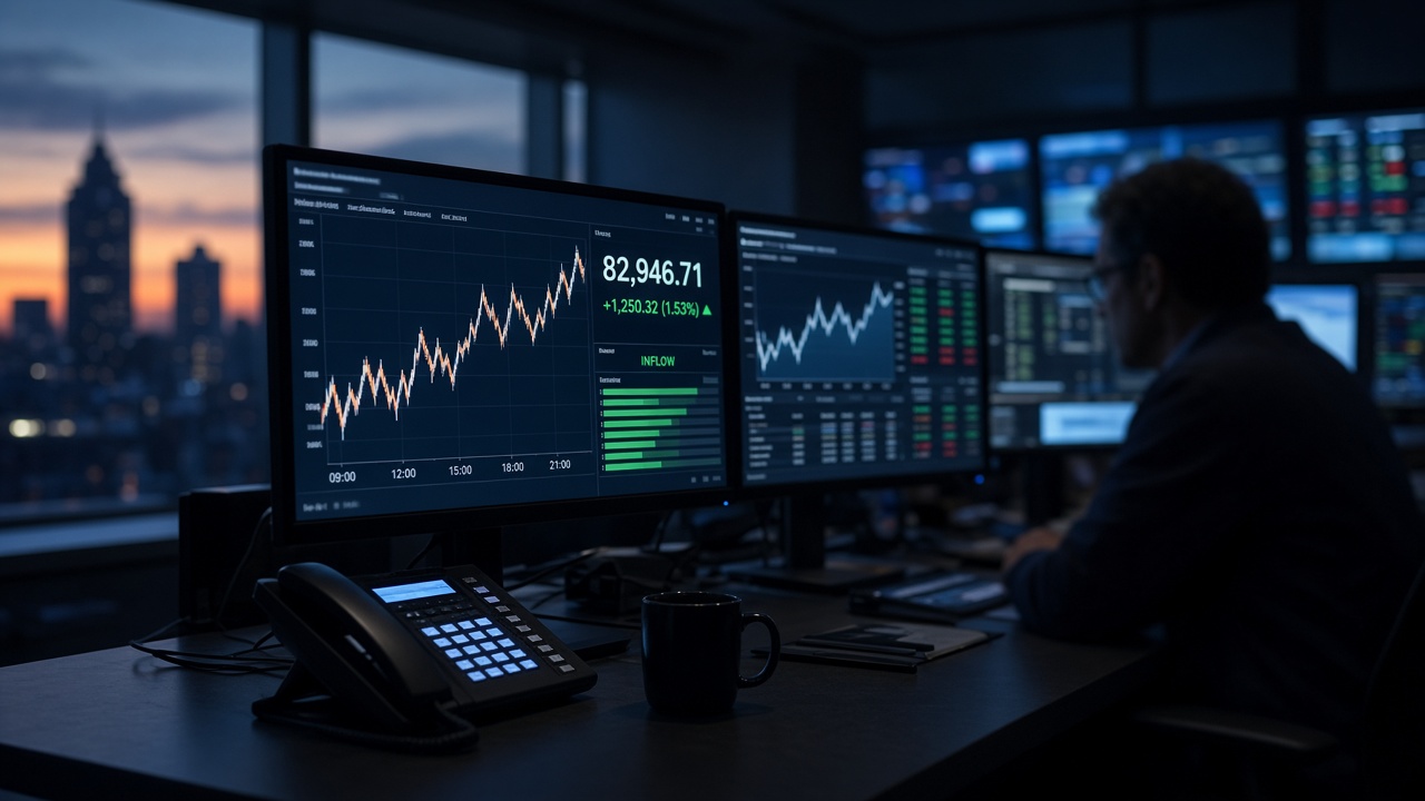 Trading desk as bitcoin holds near $82,900 after a $21.1 million spot ETF inflow on 10 October 2026
