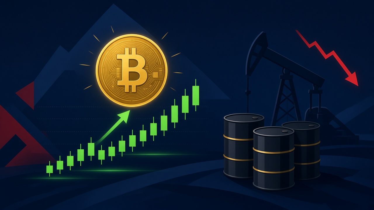 Trading screen as bitcoin trades above $84,000 while oil prices fall on 12 October 2026
