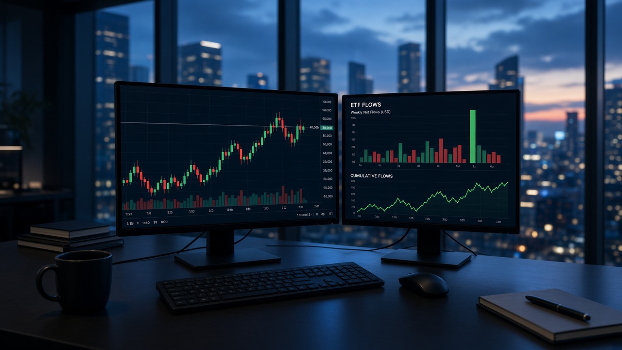 Bitcoin trading desk as U.S. spot Bitcoin ETFs post a $3.8 billion three-week inflow streak September 2026