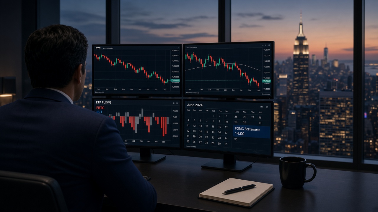 Bitcoin trading desk as U.S. spot Bitcoin ETFs lose $450 million ahead of the September 2026 Fed decision