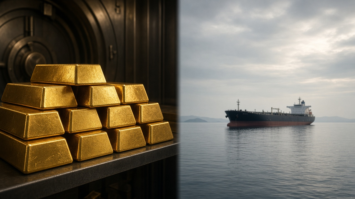 Gold bars and an oil tanker as Brent holds near $102.70 and gold trades around $4,138 on 4 October 2026