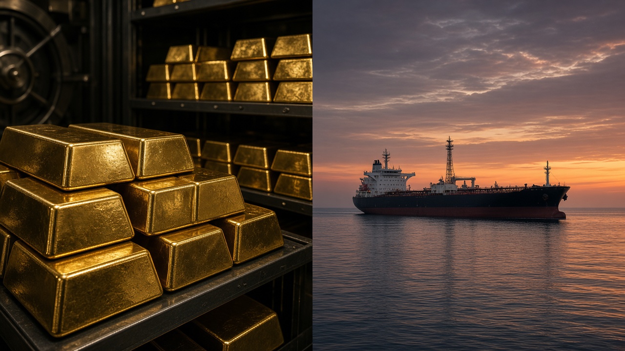 Gold bars and an oil tanker as Brent settles at $103.53 and gold trades near $4,195 on 10 October 2026