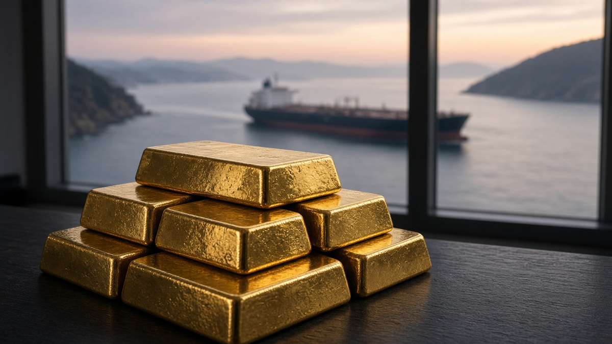 Gold bars and an oil tanker as Brent nears $104.75 and gold holds around $4,128 on 8 October 2026