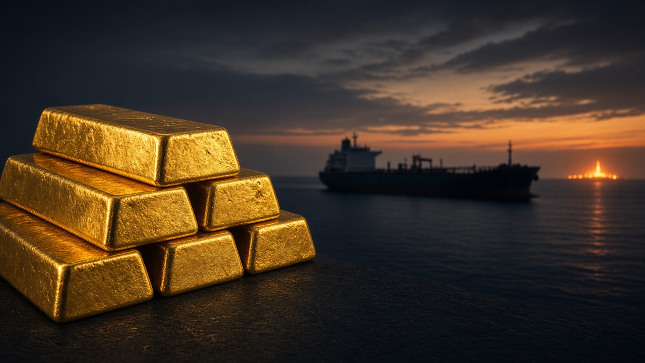Gold bars and a tanker at dusk as Brent tops $105 and bullion slips toward $4,330 September 2026
