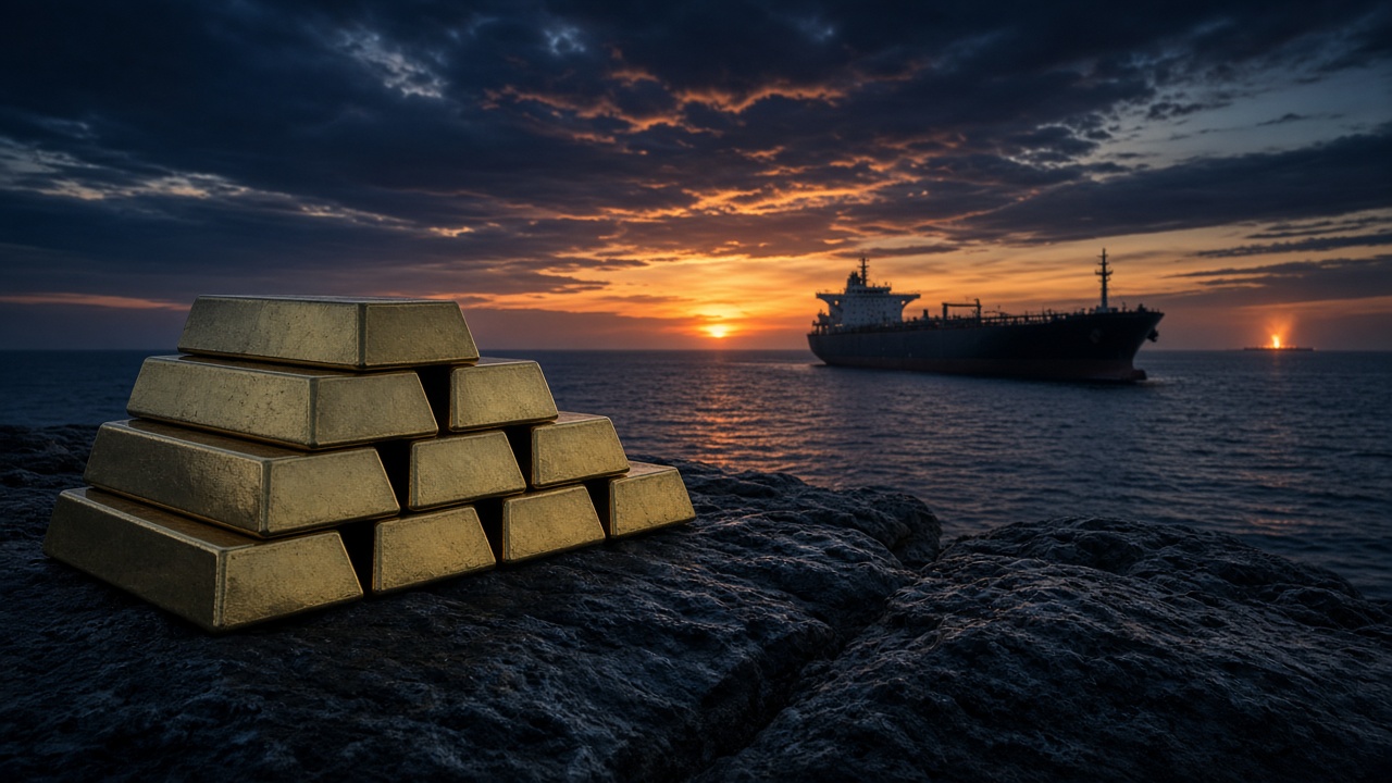 Gold bars and an oil tanker as Brent nears $107 and bullion slips under $4,300 September 2026