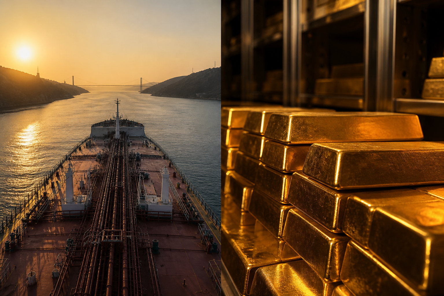 Oil tanker near the Strait of Hormuz and gold bullion as Brent tops $95 in September 2026