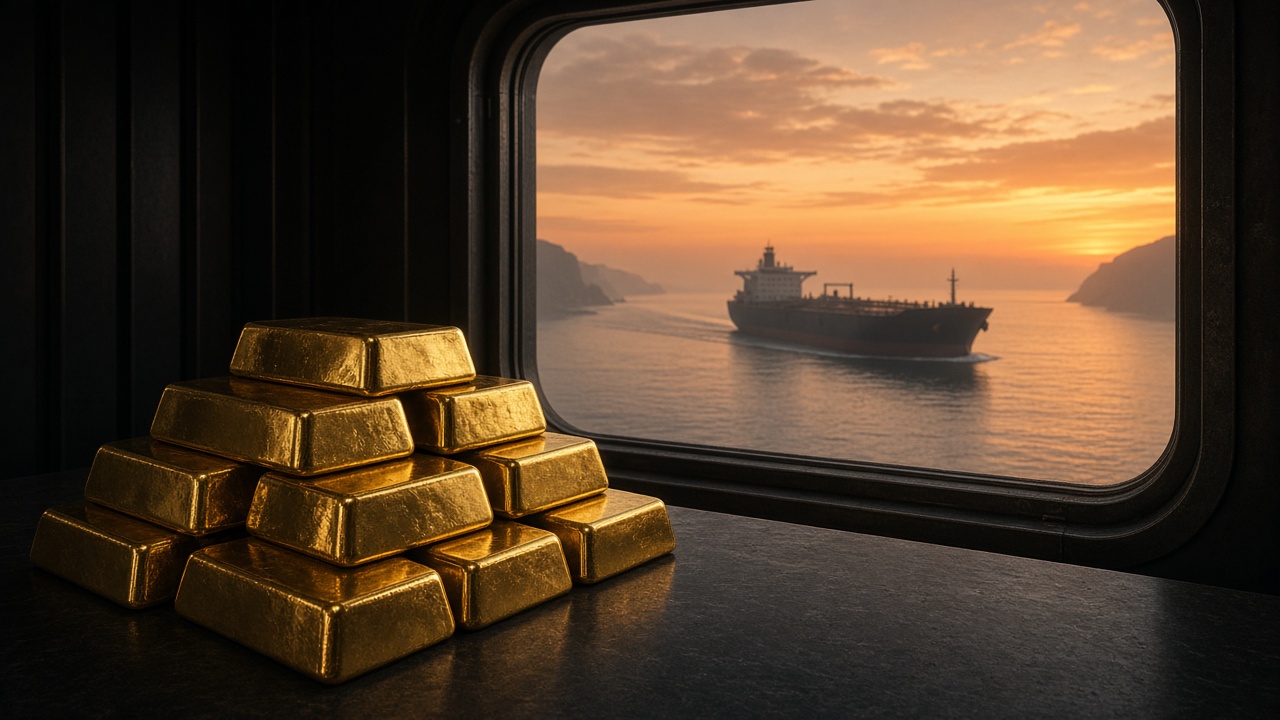 Gold bars and a tanker at dusk as Brent nears $100 and bullion fights $4,400 September 2026
