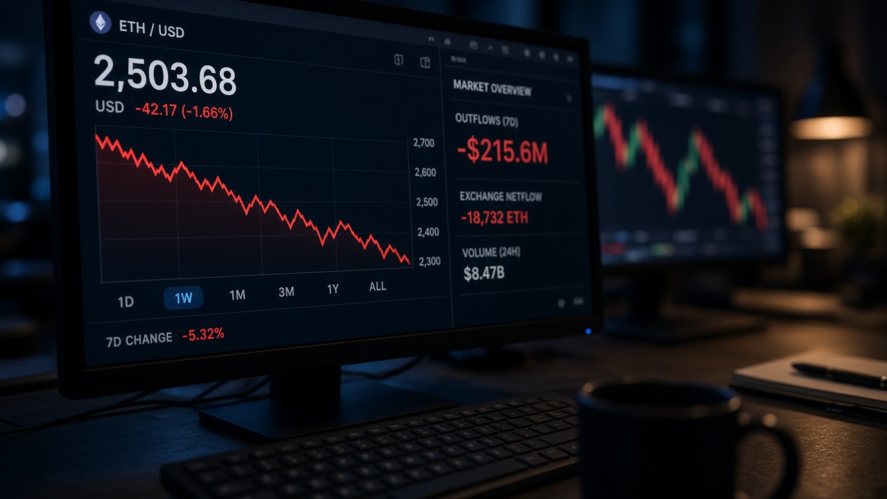Trading desk as ether holds near $2,506 after a $542.1 million weekly ETF outflow on 10 October 2026
