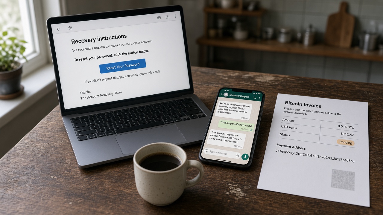 Laptop, phone and bitcoin invoice used in fake CLARITY Act failed-vote crypto recovery pitches September 2026