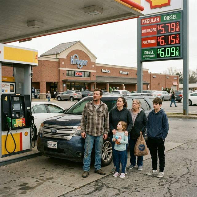 American family at a gas station looking at elevated fuel prices with a grocery store in the background