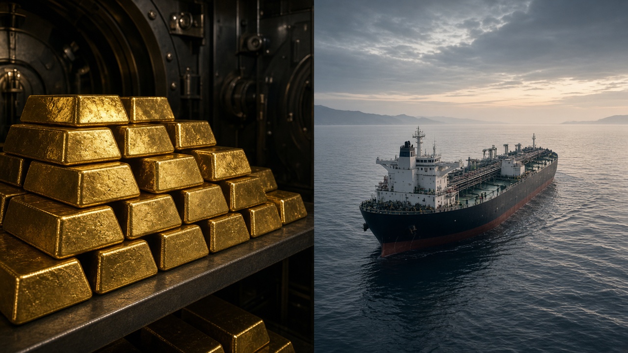 Gold bars in a vault beside an oil tanker as gold slips under $4,000 and Brent rises on 30 October 2026