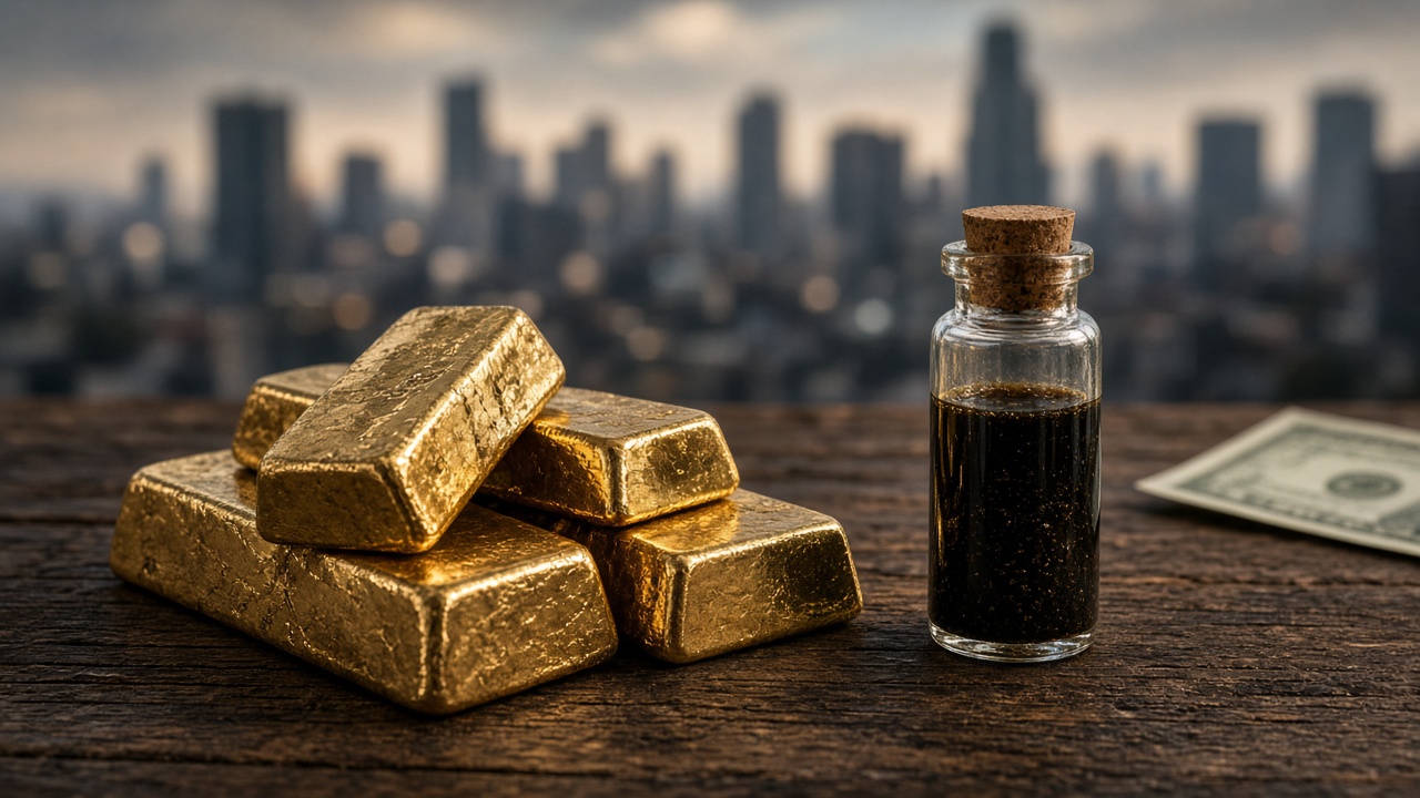 Gold bars beside a vial of crude as spot gold eases to $4,007 and Brent holds near $115