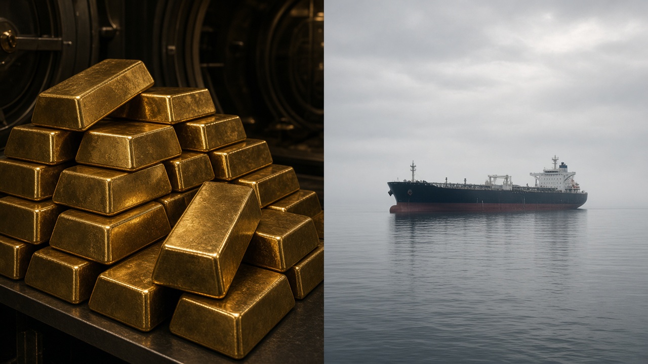 Gold bars and an oil tanker as spot gold holds near $4,030 and Brent eases on Iran talks
