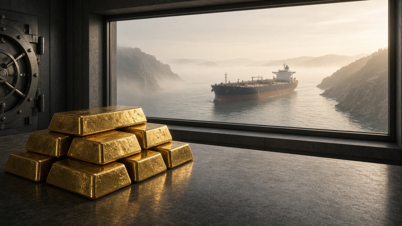 Gold bars and an oil tanker as bullion steadies near $4,119 and Brent holds around $107 in September 2026