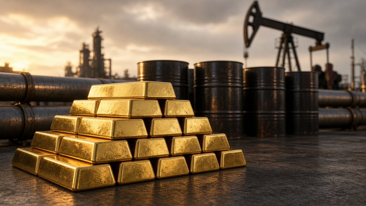 Gold bars and oil barrels as spot gold rebounded to $4,195 and Brent held near $104.72 on 11 October 2026