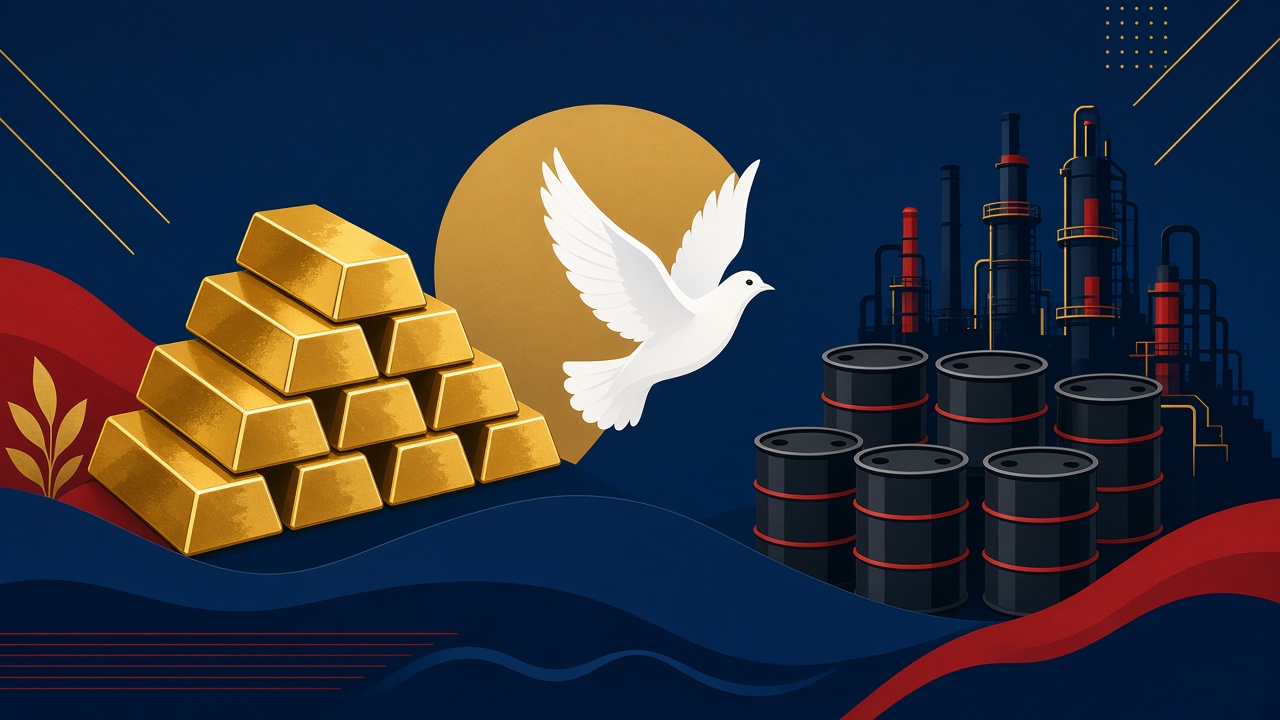 Gold bars and oil barrels as gold touches $4,206 and Brent slips toward $103.50 on 12 October 2026