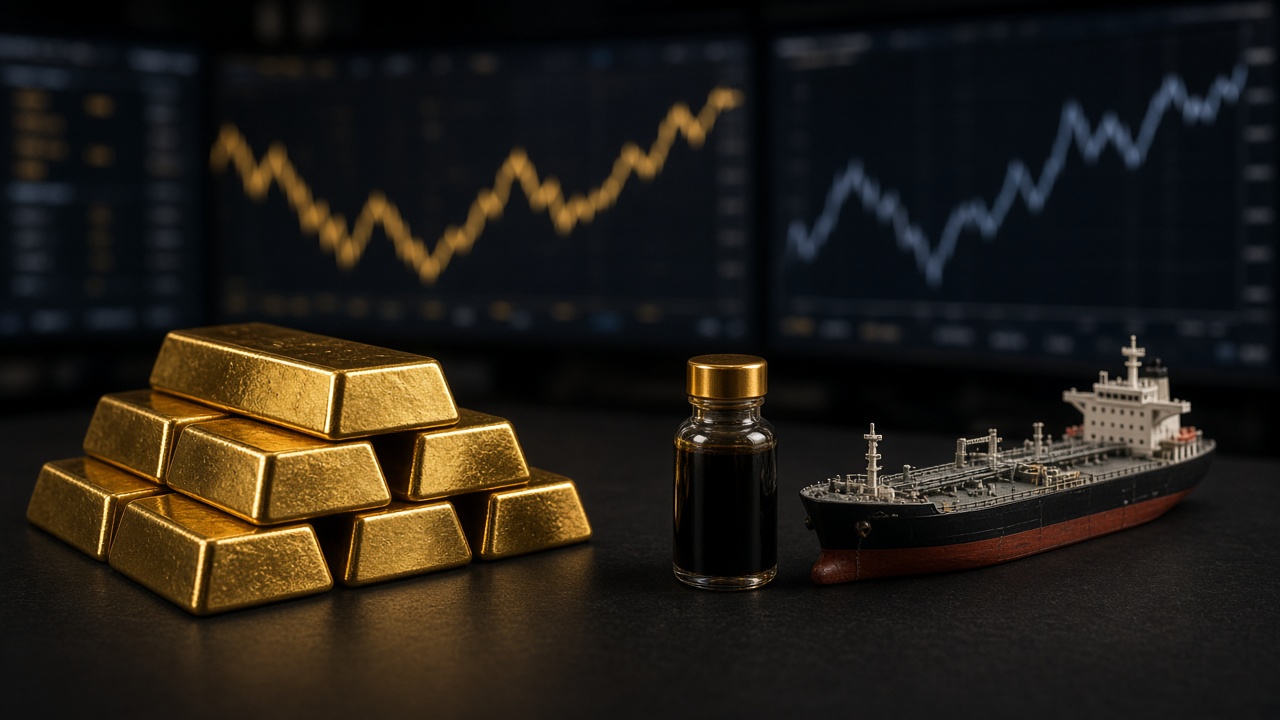 Gold bars and crude oil as bullion rebounds above $4,300 and Brent eases near $108 on 16 September 2026
