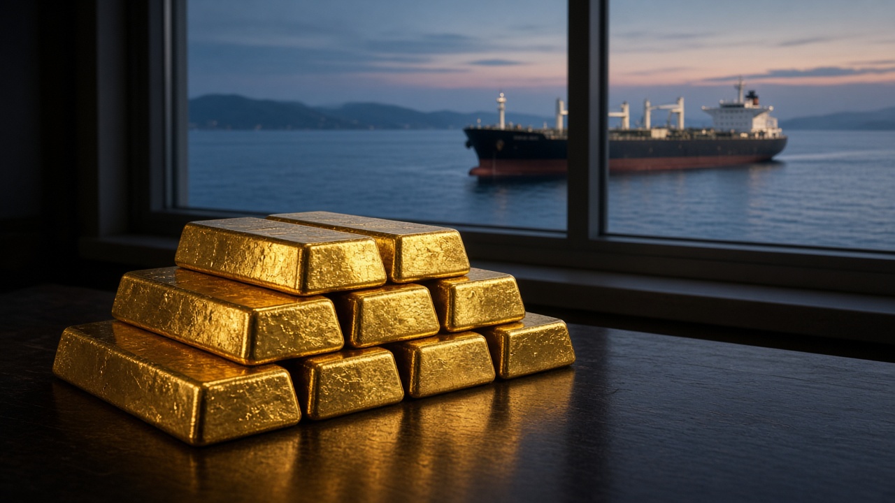 Gold bars with an oil tanker offshore as bullion holds above $4,330 and Brent settles at $99.25 in September 2026