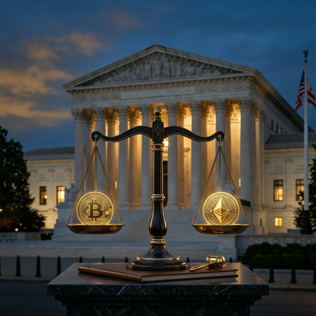 Scales of justice with Bitcoin and Ethereum symbols in front of a US courthouse