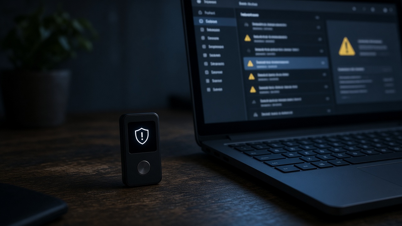 Hardware wallet beside a laptop as fake Ledger firmware emails spread in October 2026