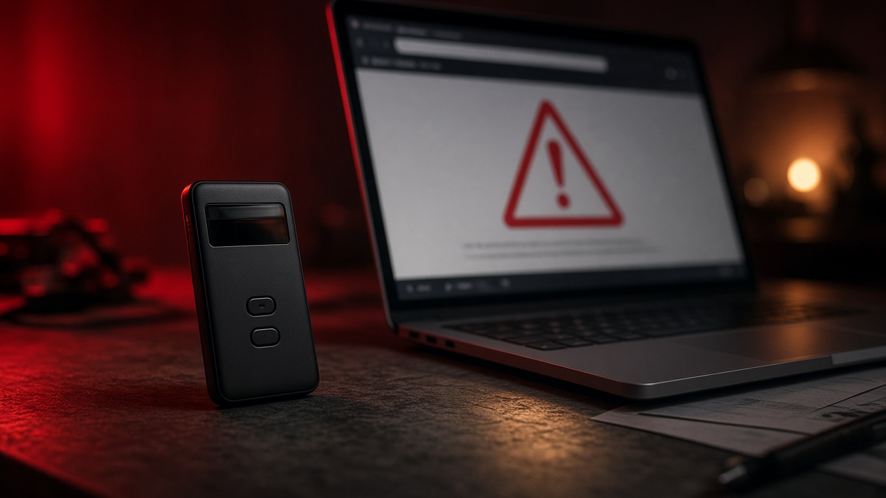 Hardware wallet and warning sign as Ledger confirms an implant and fake sites target recovery phrases