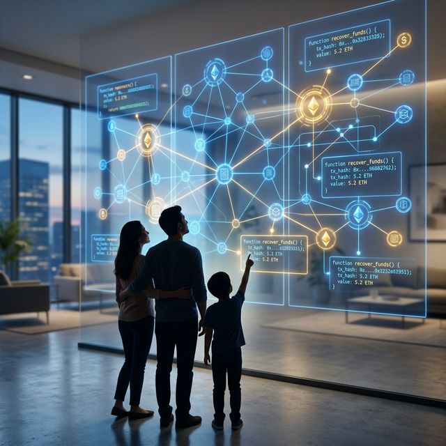 Family viewing blockchain smart contract data showing recovered cryptocurrency assets on a holographic screen