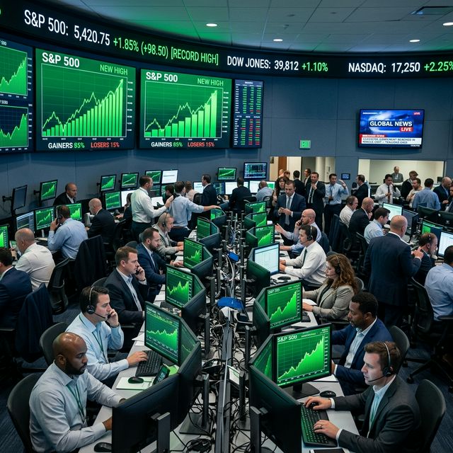 Stock market trading floor with green screens showing S&P 500 at record highs