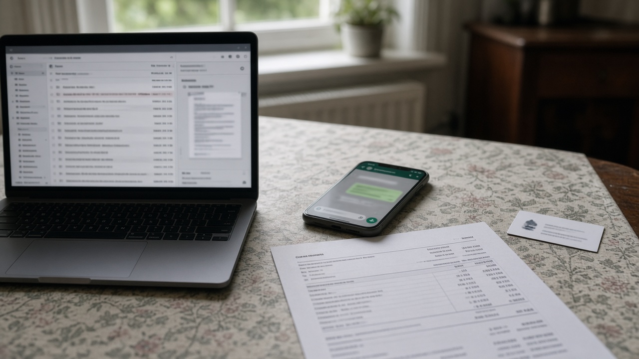 Laptop and phone showing a suspicious recovery message as fake solicitor WhatsApps target crypto victims September 2026