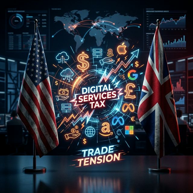 US and UK flags with digital services tax symbols representing trade tension